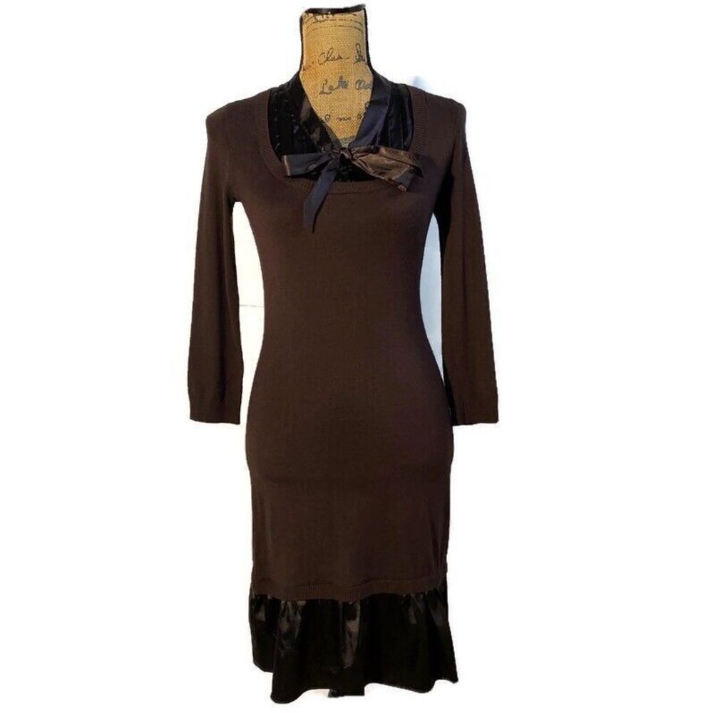 Max Studio Dress SMALL Dark Brown Satin Neckline Bow Hem Long Sl Career